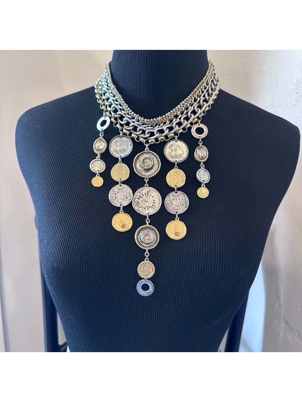 Chico's Coin Necklace Multi Strand Chunky Statement Choker Silver Gold Tone EUC